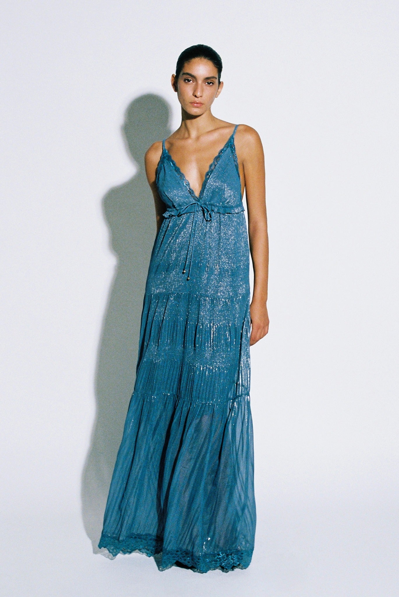 SABINA MUSAYEV - pleated_chiffon_w_foil_silver_blue_pre_fall_25_26