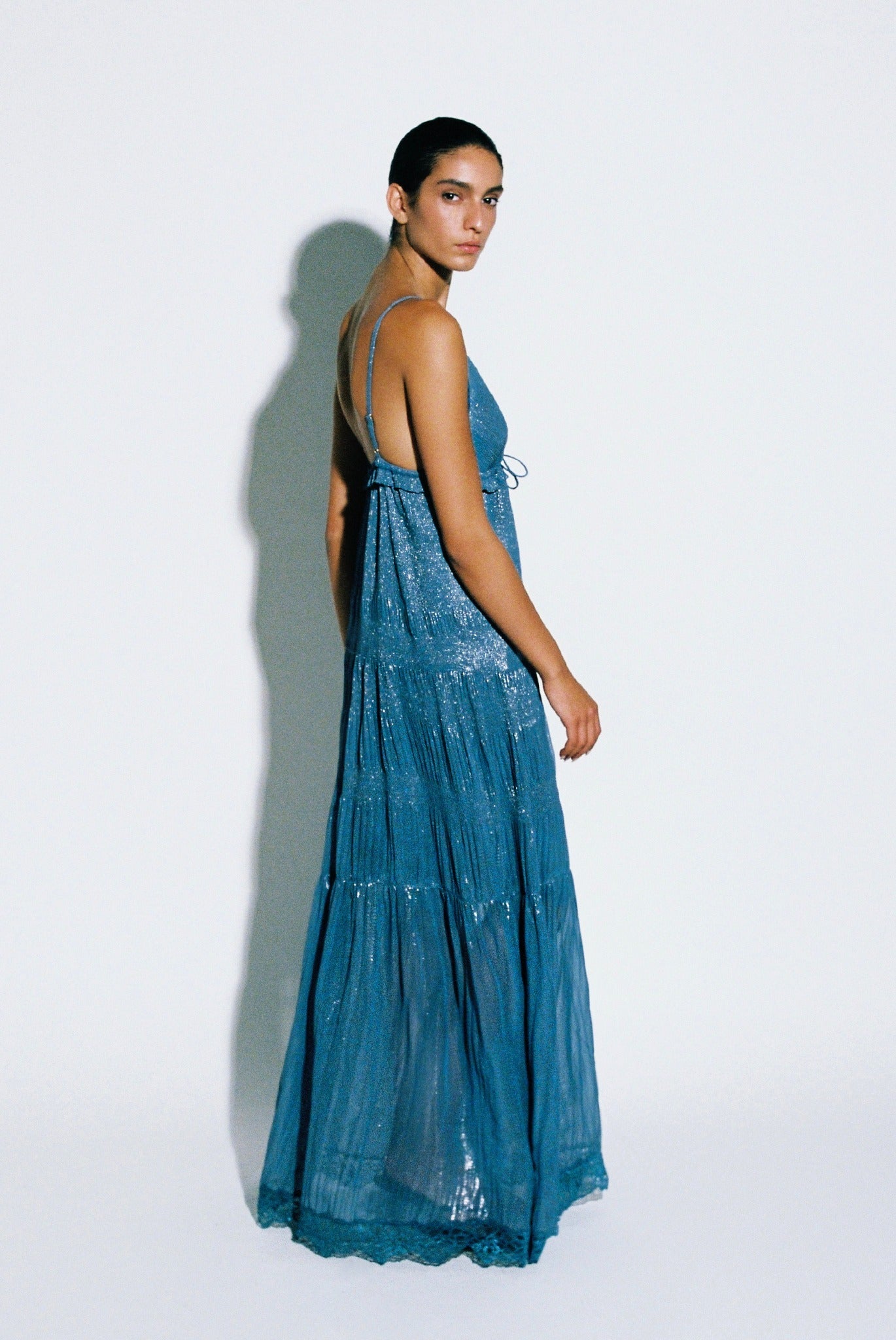 SABINA MUSAYEV - pleated_chiffon_w_foil_silver_blue_pre_fall_25_26