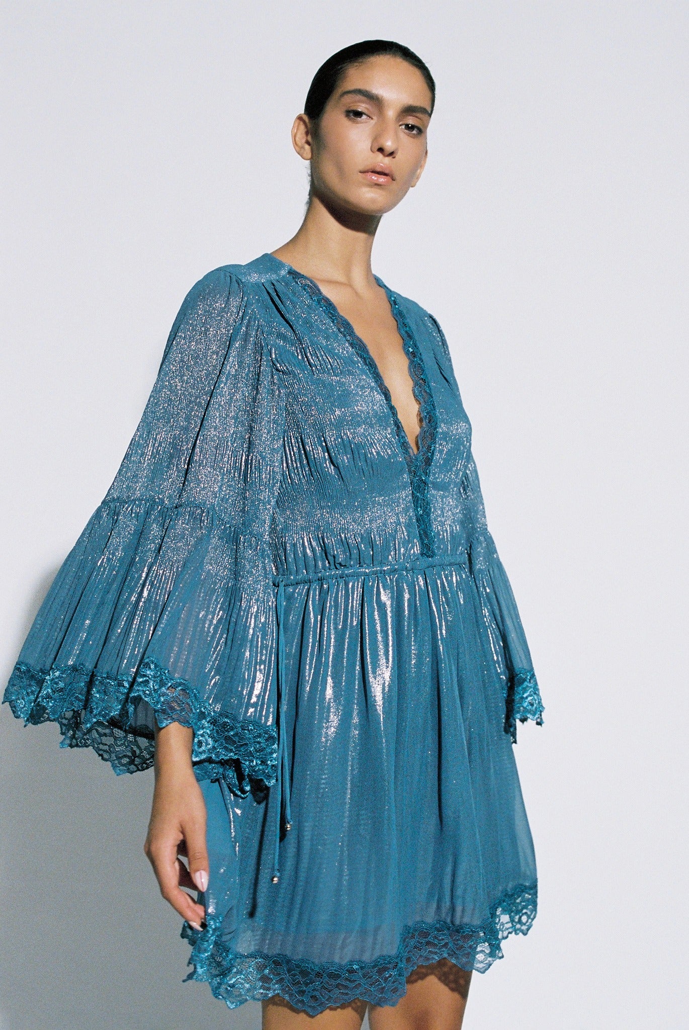 SABINA MUSAYEV - pleated_chiffon_w_foil_silver_blue_pre_fall_25_26