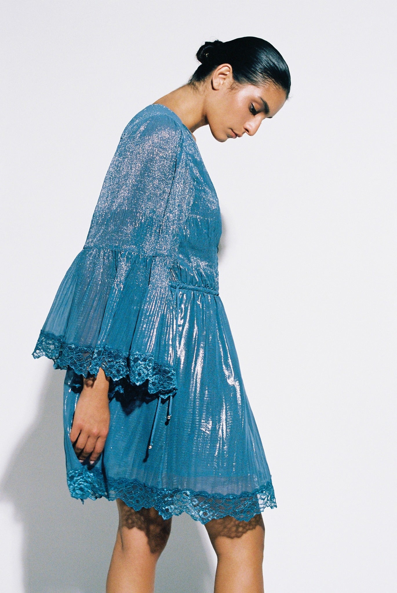SABINA MUSAYEV - pleated_chiffon_w_foil_silver_blue_pre_fall_25_26