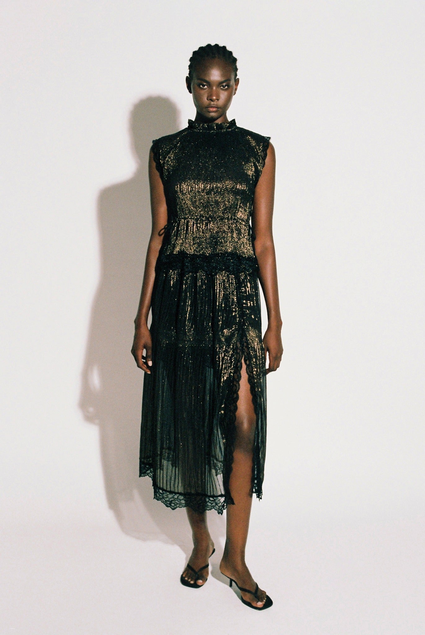 SABINA MUSAYEV - pleated_chiffon_w_foil_black_bronze_pre_fall_25_26