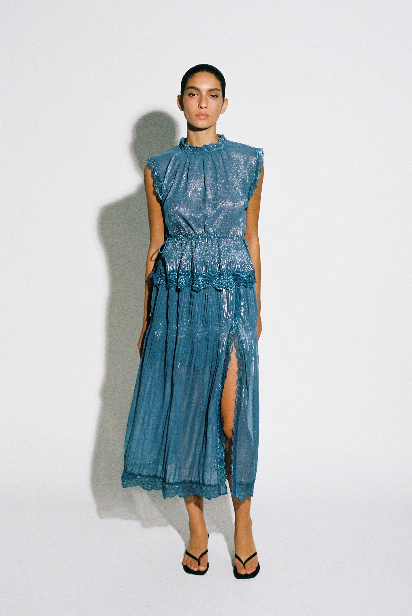 SABINA MUSAYEV - pleated_chiffon_w_foil_silver_blue_pre_fall_25_26