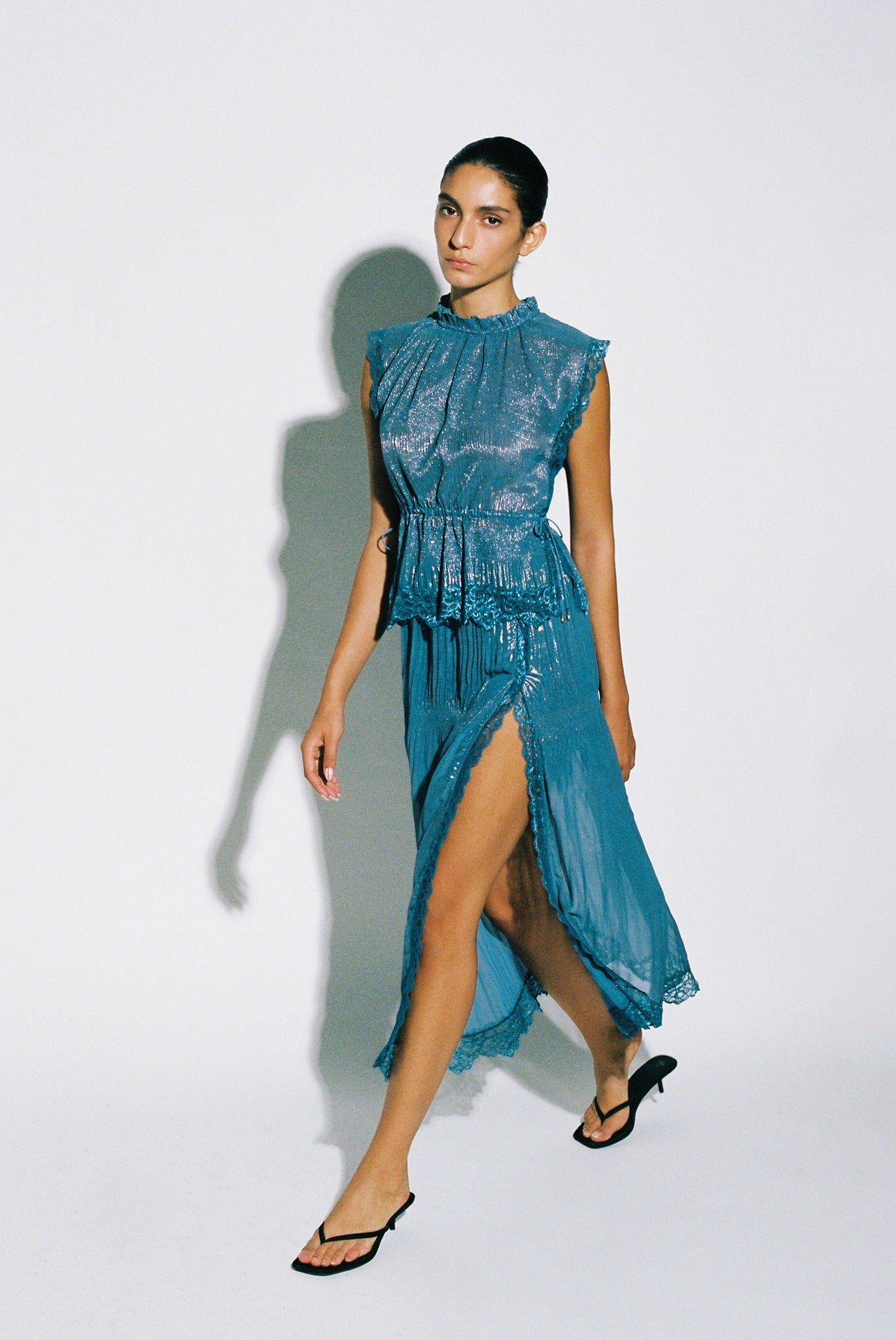 SABINA MUSAYEV - pleated_chiffon_w_foil_silver_blue_pre_fall_25_26