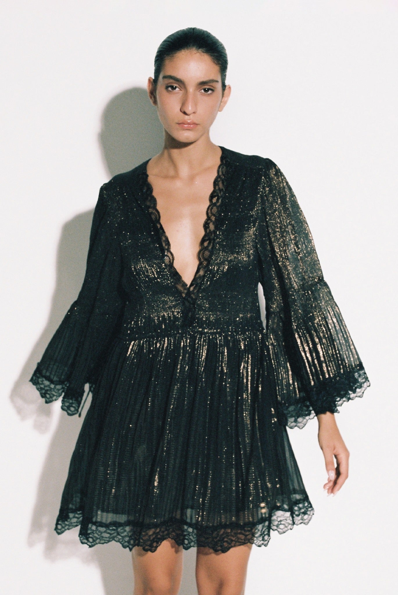 SABINA MUSAYEV - pleated_chiffon_w_foil_black_bronze_pre_fall_25_26