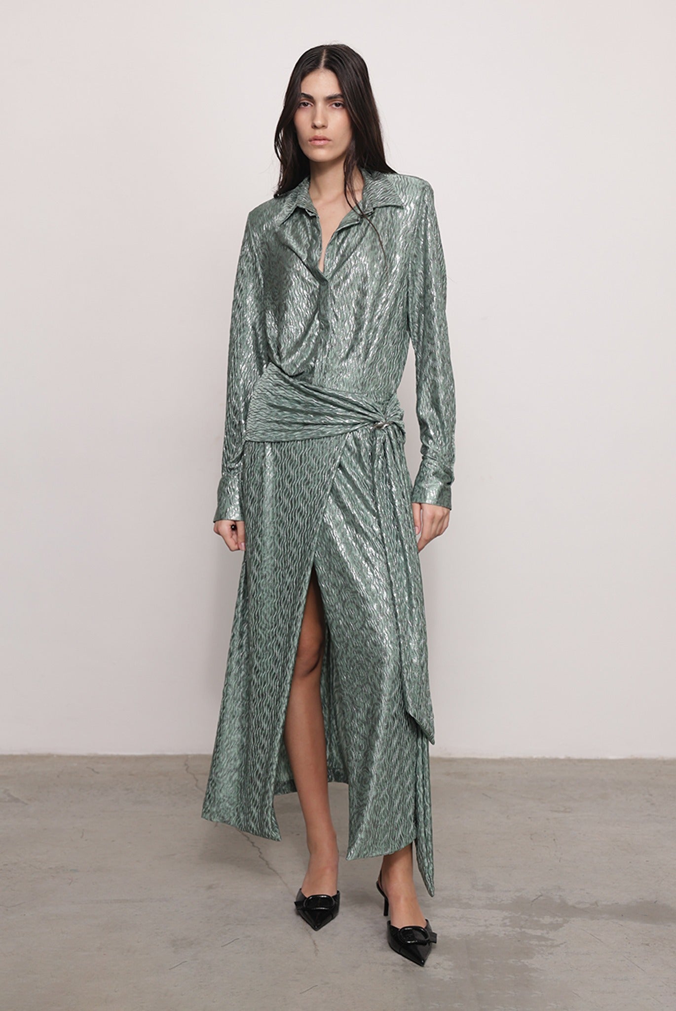 SABINA MUSAYEV - pleated_knit_w._foil_smoked_sage_fw_25_26