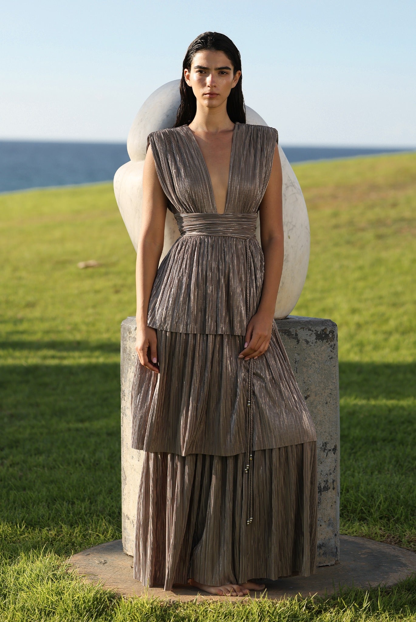 SABINA MUSAYEV - pleated_knit_w_gold_foil_mocha_pre_fall_26_27