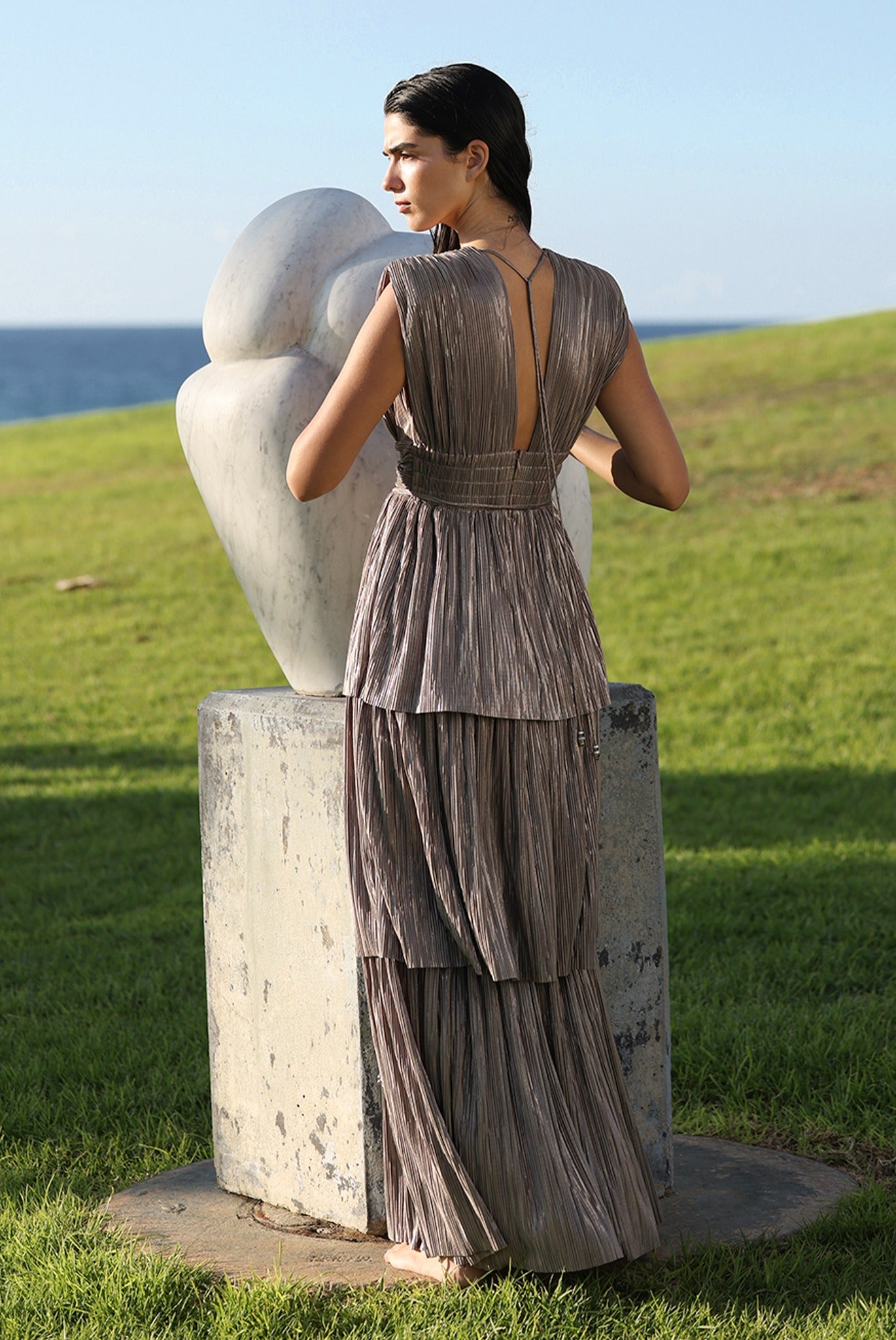 SABINA MUSAYEV - pleated_knit_w_gold_foil_mocha_pre_fall_26_27