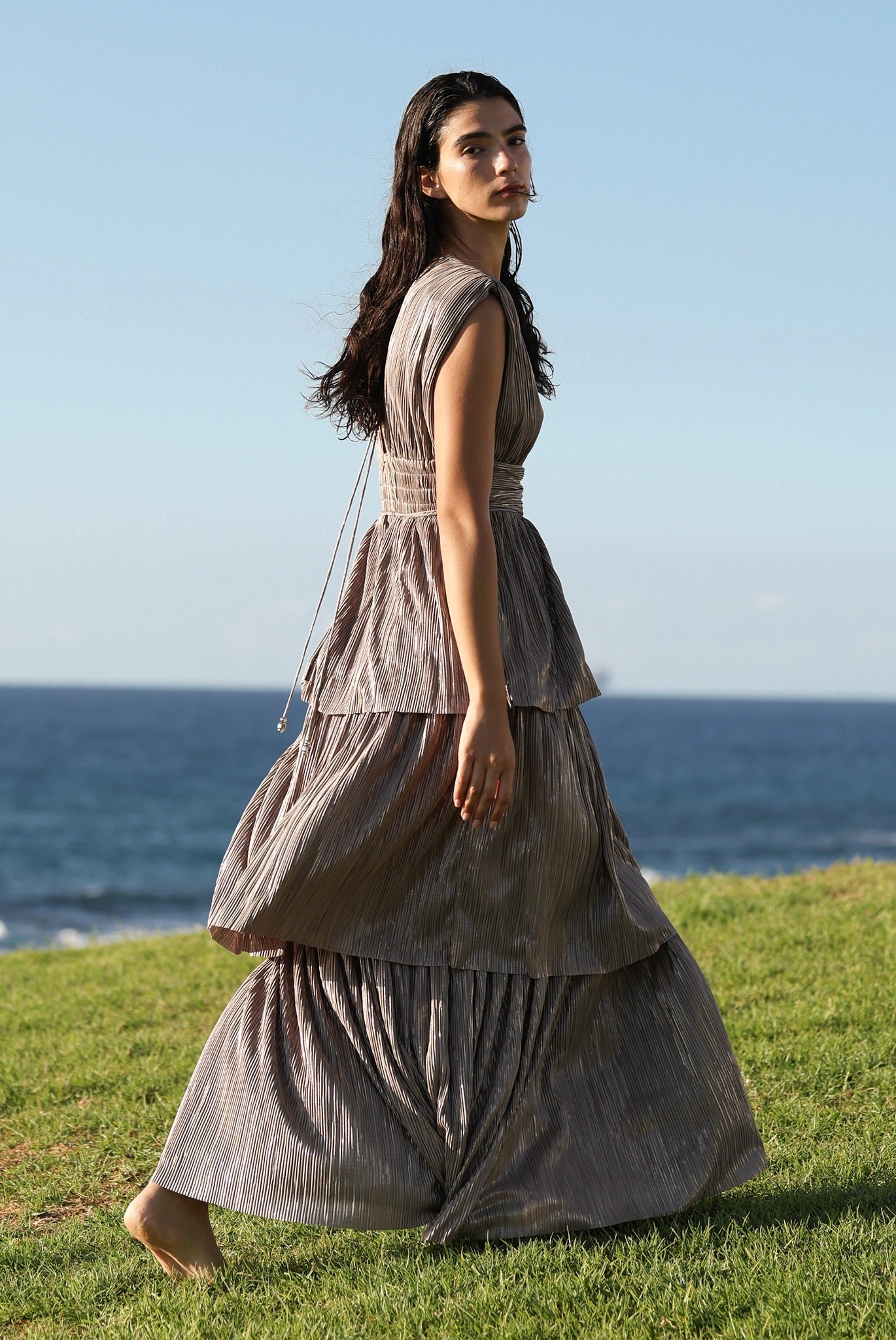 SABINA MUSAYEV - pleated_knit_w_gold_foil_mocha_pre_fall_26_27