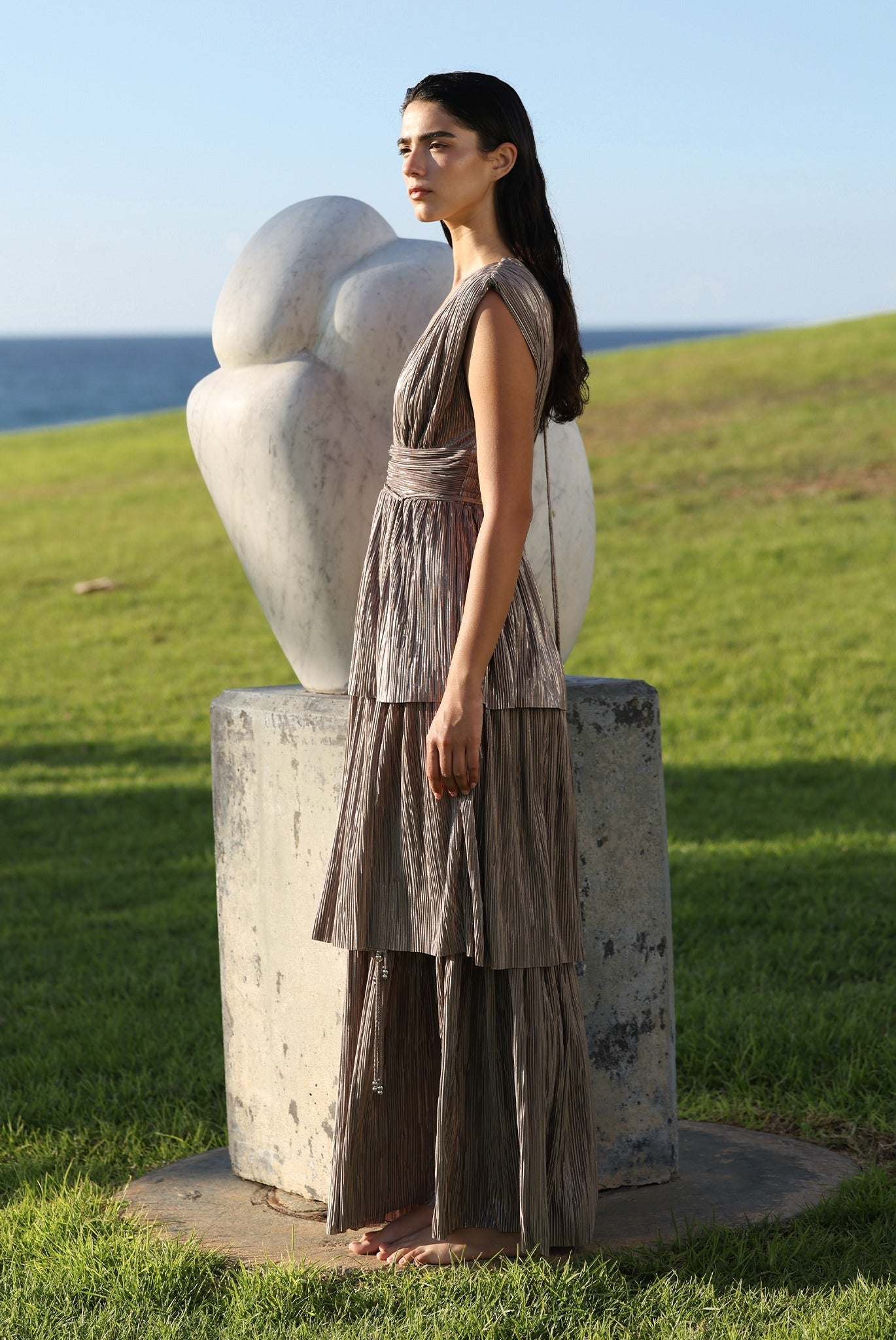 SABINA MUSAYEV - pleated_knit_w_gold_foil_mocha_pre_fall_26_27